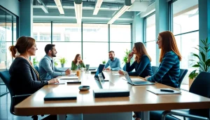 Agency professionals collaborating creatively in a modern office environment.