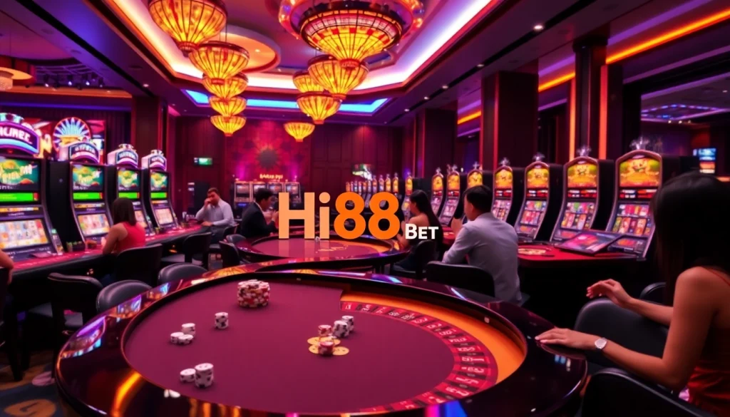 Engage with the thrilling Hi88 Bet experience through immersive casino games featuring vibrant slot machines and poker tables.