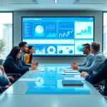 Analyze competitive intelligence insights during a business meeting in a modern office.