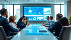 Analyze competitive intelligence insights during a business meeting in a modern office.