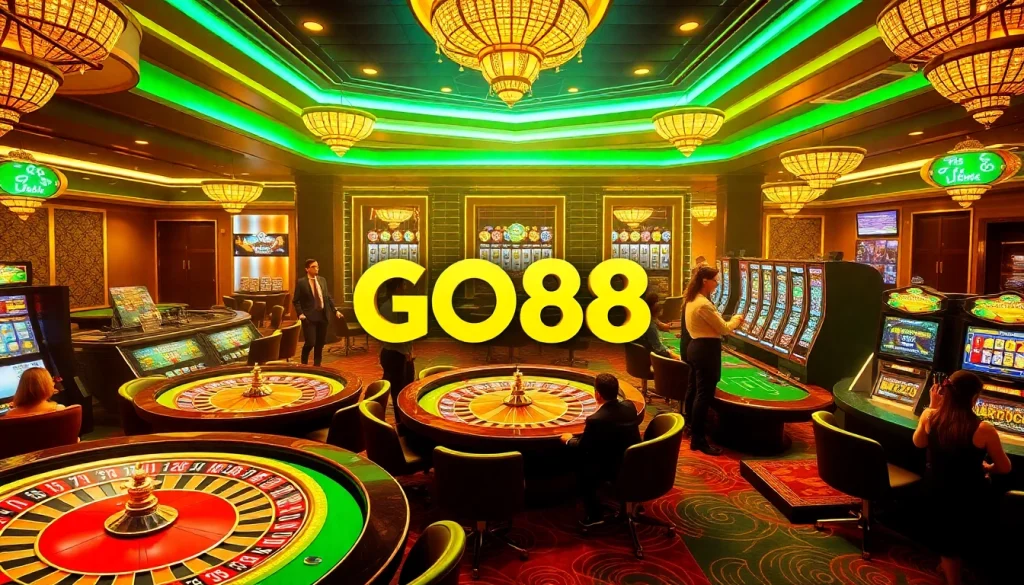 Players engaging with GO88 casino games at vibrant tables filled with chips and cards.