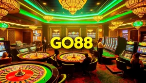 Players engaging with GO88 casino games at vibrant tables filled with chips and cards.
