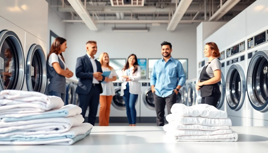 Clients enjoying top-quality laundry service near me at a modern laundromat.
