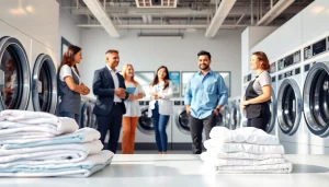 Clients enjoying top-quality laundry service near me at a modern laundromat.
