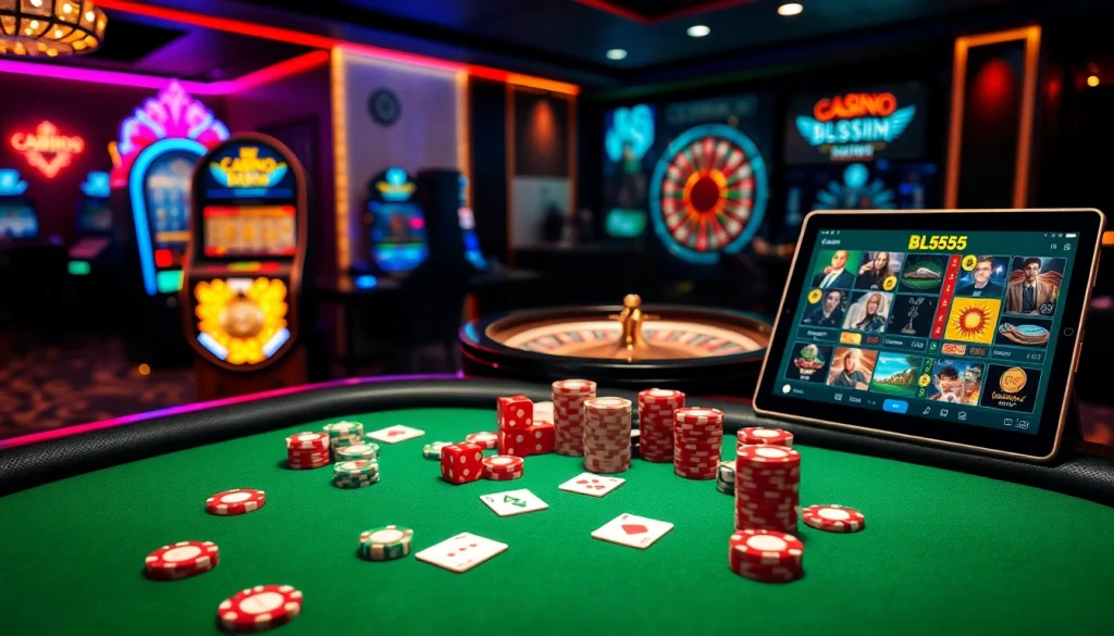 Engaging scene of Bl555 gaming table with vibrant poker chips and an elegant slot machine.