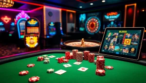 Engaging scene of Bl555 gaming table with vibrant poker chips and an elegant slot machine.