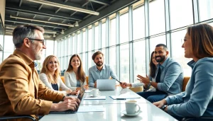 Business meeting in a modern office with diverse professionals engaged in discussion.