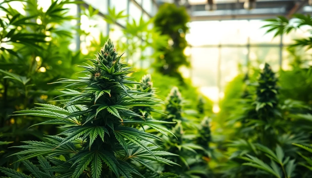 Plan de canabis espagne cultivé dans une serre avec des feuilles vertes luxuriantes et un éclairage naturel.