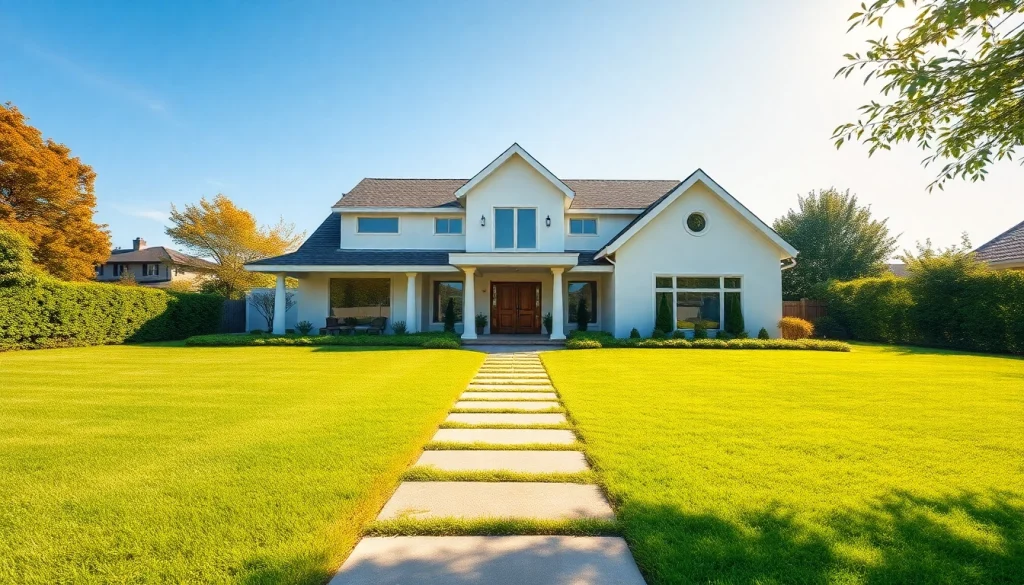 Highlighting a stunning real estate property with lush lawns and inviting architecture.