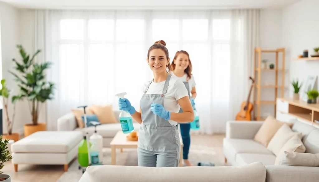 Cleaning service performed by friendly professionals in a spotless home.