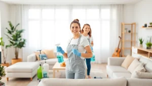 Cleaning service performed by friendly professionals in a spotless home.