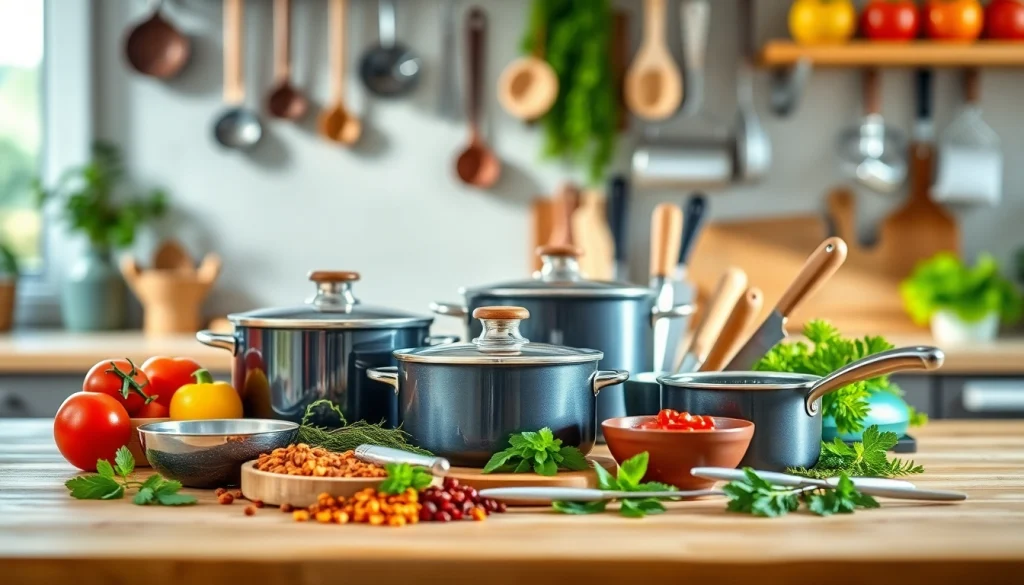 Showcase of kitchenware gift ideas NZ featuring premium utensils and cookware on a rustic table.