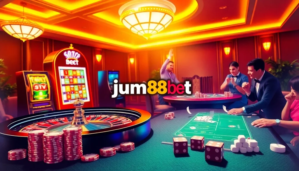 Experience the thrill of jun88 bet at a luxurious casino table with excited players and vibrant games.