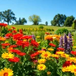 Gardening in a vibrant garden filled with diverse plants and blooming flowers.