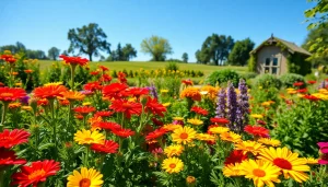 Gardening in a vibrant garden filled with diverse plants and blooming flowers.
