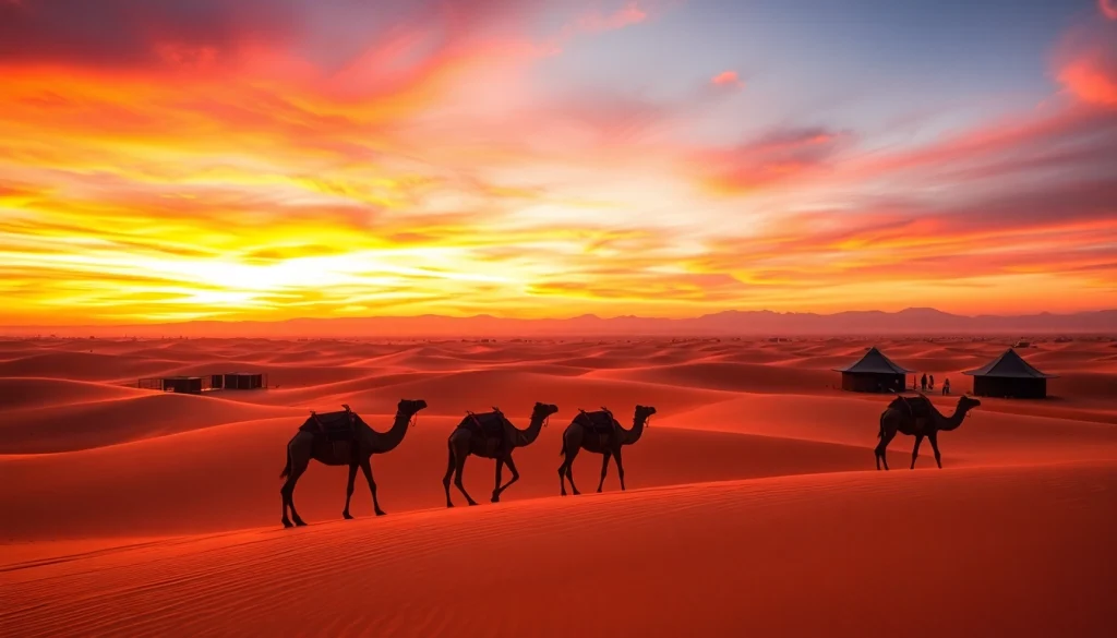 Agafay Desert camel ride at sunset with golden dunes and serene atmosphere