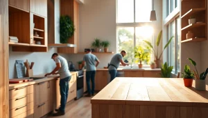 Capture a vibrant home renovation showcasing a kitchen remodel, emphasizing fresh designs and professional craftsmanship.