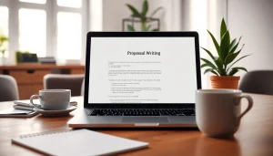 Enhance your understanding of Customized Proposal Writing with a professional setup featuring a laptop and a proposal template.