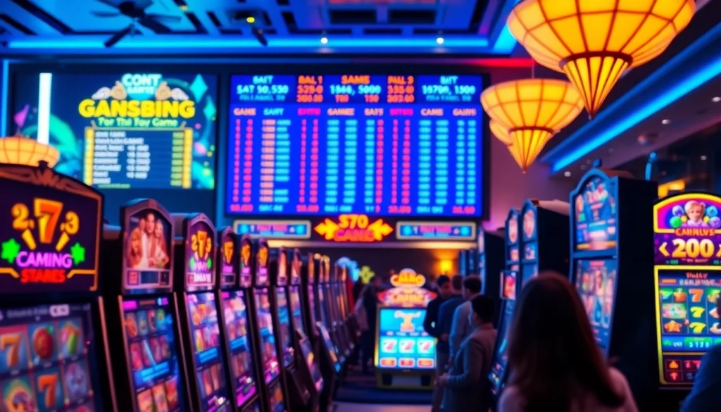 Menggambarkan pengalaman bermain slot depo 5k dengan antusiasme pemain dan mesin slot yang cerah.