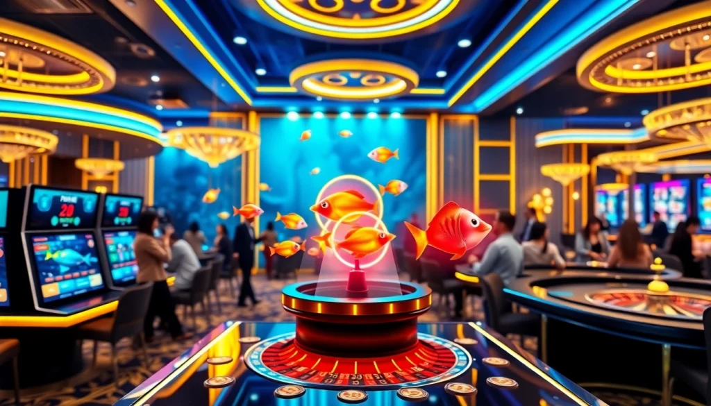 Engage in bắn cá đổi thưởng while targeting colorful fish in a vibrant casino setup.