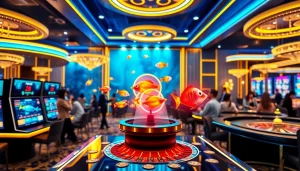 Engage in bắn cá đổi thưởng while targeting colorful fish in a vibrant casino setup.