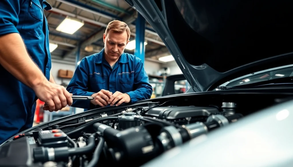 Find a mechanic near me working professionally on a car engine in a bright garage.