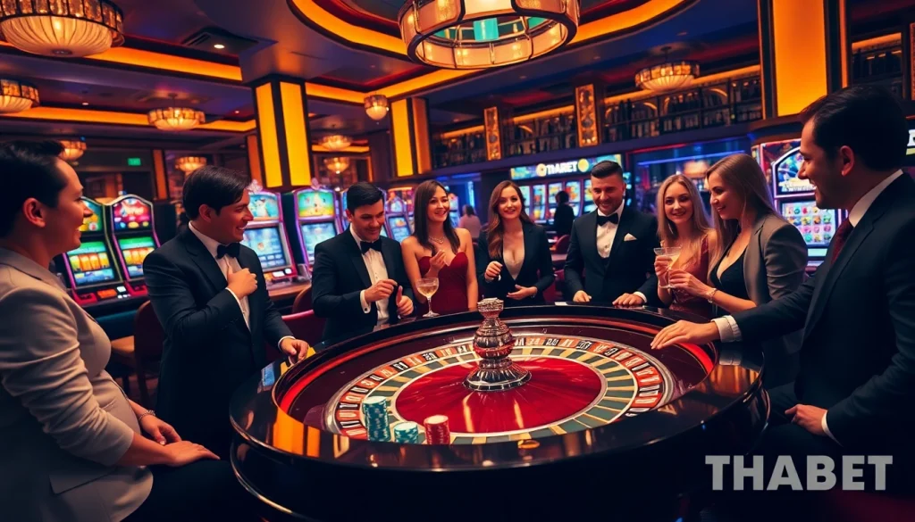 Thrilling gaming experience at THABET with players around a roulette table.