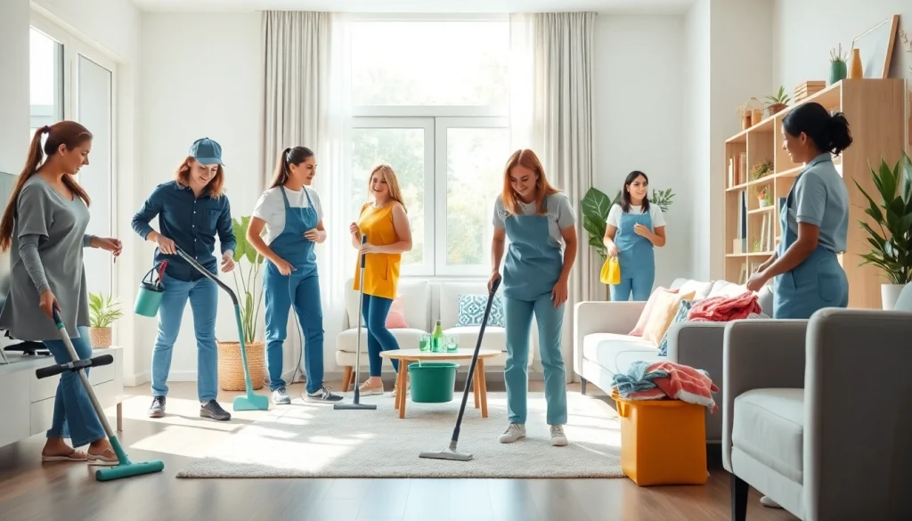 Dynamic cleaning service team working efficiently in a modern home environment.