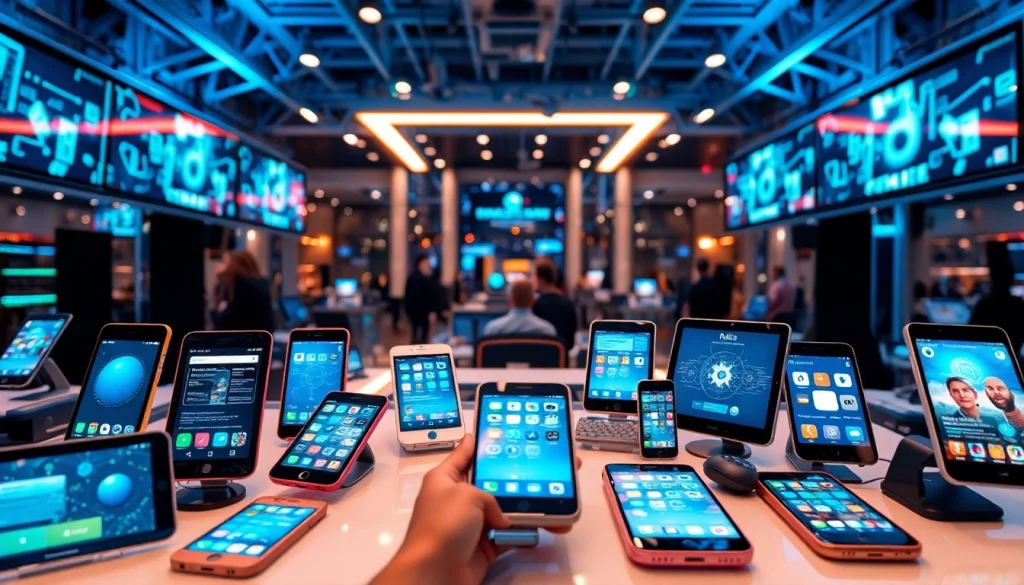 Showcasing innovative mobile apps on diverse devices in a vibrant tech hub