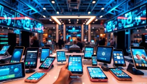 Showcasing innovative mobile apps on diverse devices in a vibrant tech hub