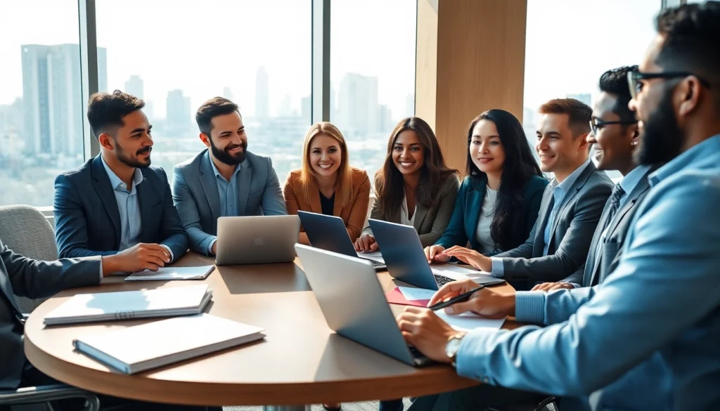 Business professionals collaborating during a meeting in a bright office environment.