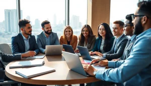 Business professionals collaborating during a meeting in a bright office environment.