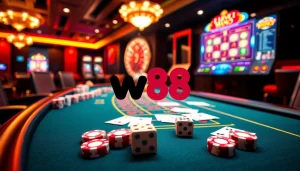 Exciting gaming action at nhà cái w88 casino with vibrant tables filled with cards and roulette.