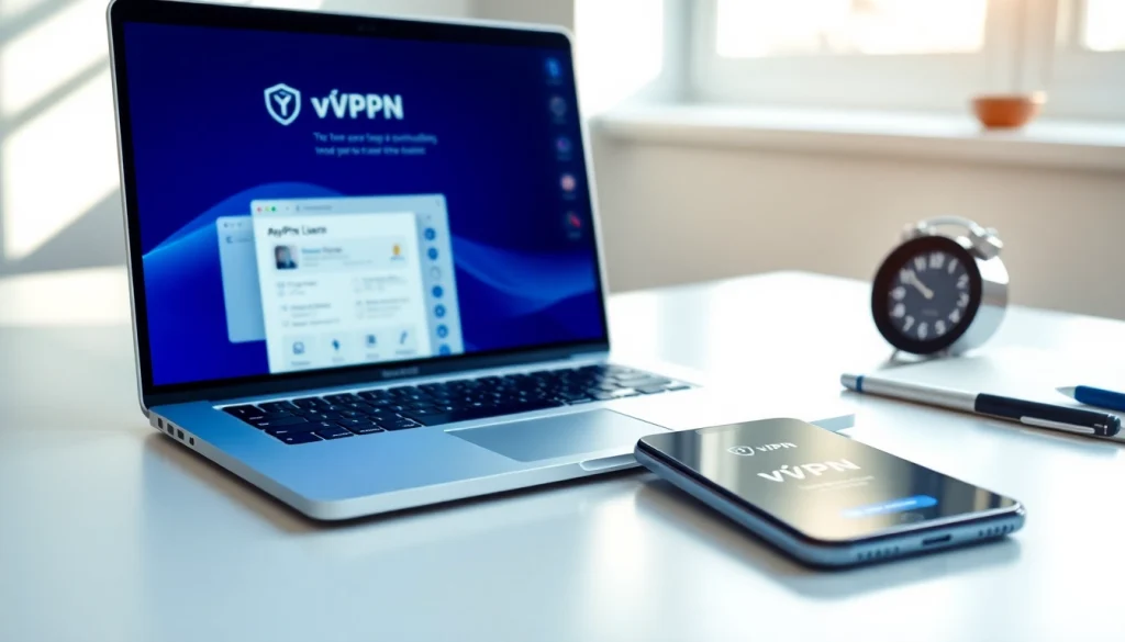 快连VPN interface displayed on a modern laptop in a bright workspace, highlighting technology and privacy.