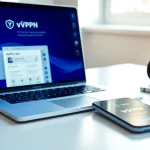 快连VPN interface displayed on a modern laptop in a bright workspace, highlighting technology and privacy.