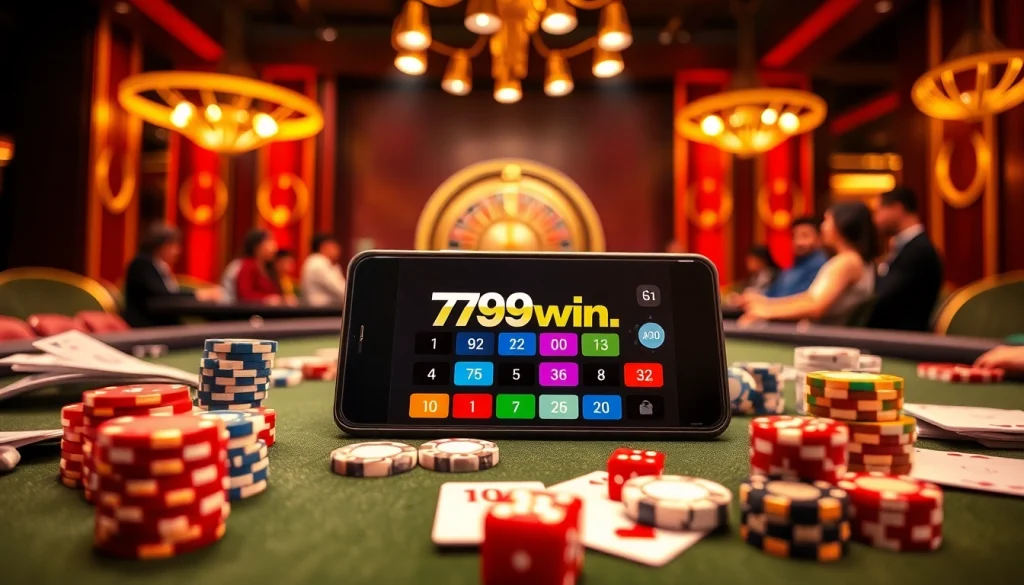 A vibrant casino scene showcasing the 789win app on a smartphone with poker chips and cards.