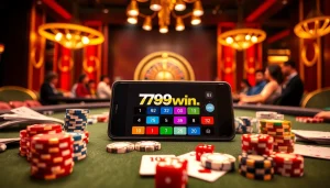 A vibrant casino scene showcasing the 789win app on a smartphone with poker chips and cards.