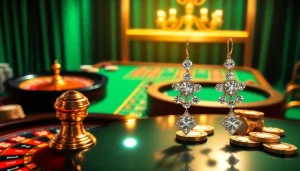 Exciting casino scene featuring sparkling 鑽石耳環 displayed elegantly on poker chips and a roulette wheel.