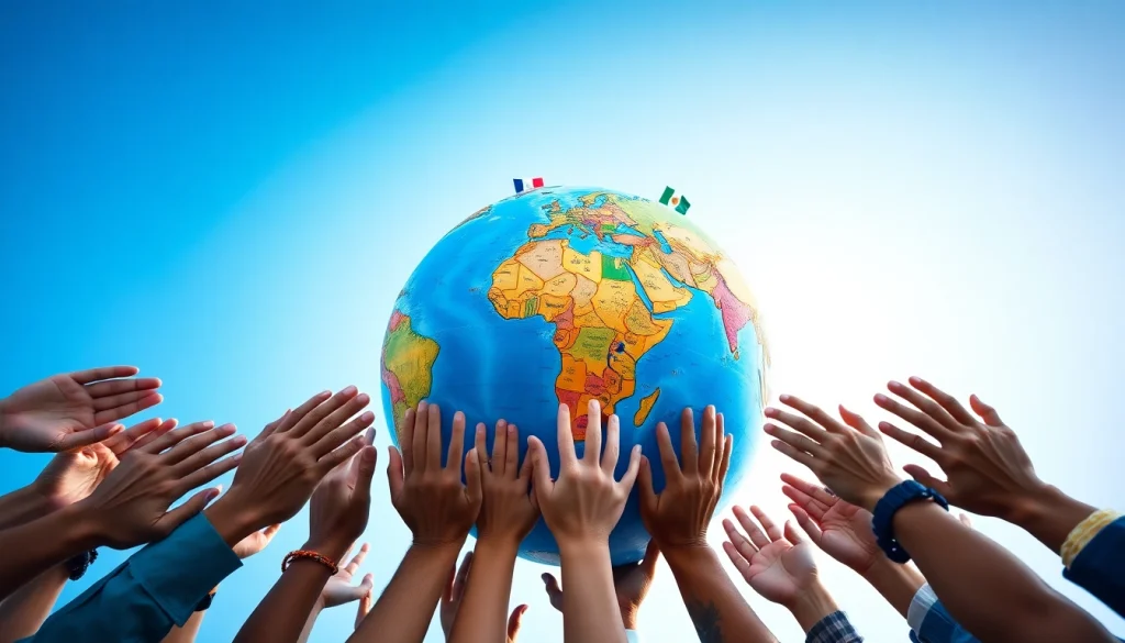Hands reaching towards a globe representing worldwide unity and diversity.