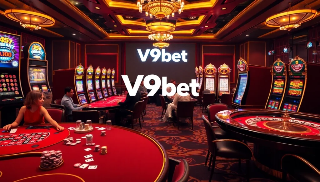 Gamblers enjoy an exhilarating experience at V9bet casino tables under vibrant lighting.
