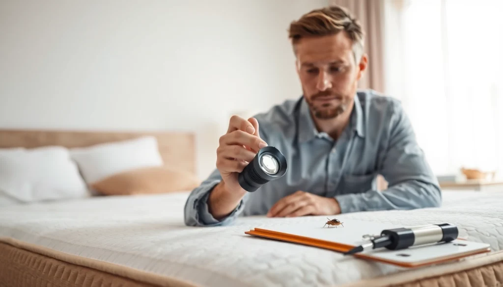 Inspect bed bug issues at https://affordablebedbugexterminators.com with professional exterminator in a clean bedroom.