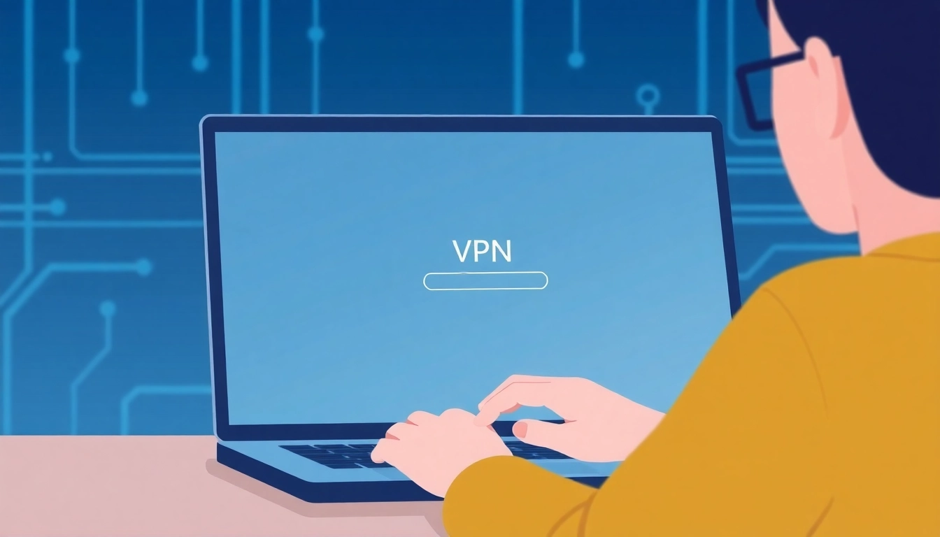 Download VPN fre easily with a laptop illustration, showcasing a secure and simple setup process.