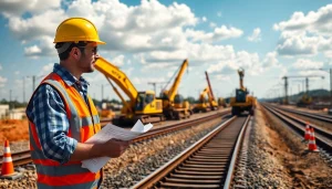 Railroad Construction site with heavy machinery and an engineer inspecting the track laying process.