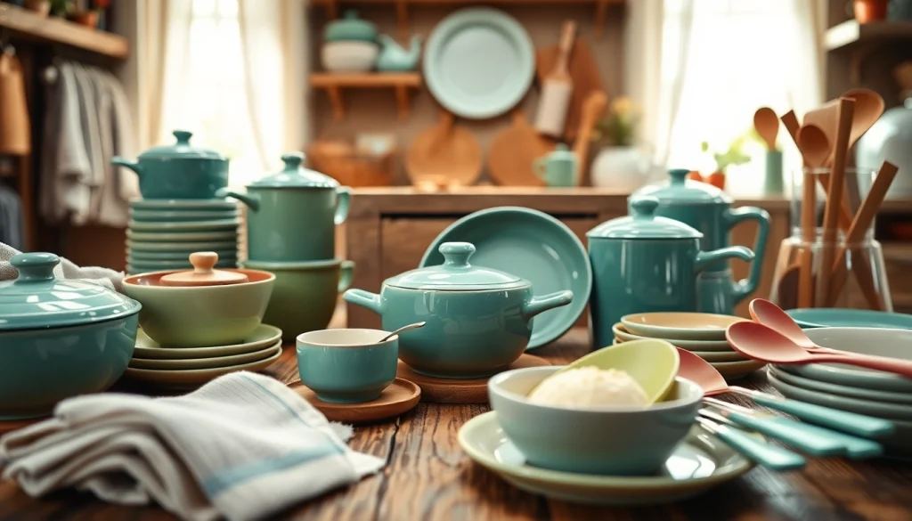 Showcasing kitchenware gift ideas NZ on a wooden table, featuring colorful utensils and dishware.