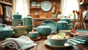 Showcasing kitchenware gift ideas NZ on a wooden table, featuring colorful utensils and dishware.