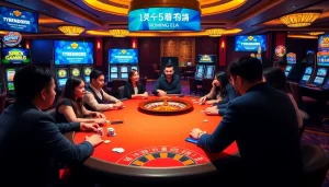 Engage with 주소모음 through a luxurious casino atmosphere, featuring diverse players at a vibrant gaming table.