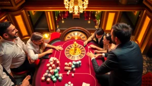 Players winning big at https://topclub.site/ in a vibrant casino atmosphere with roulette and poker chips.