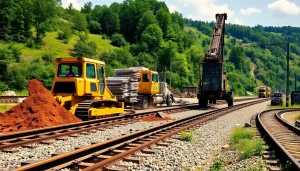 Excavator and crane working on Railroad Construction site amid lush greenery.