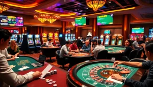 Engaging casino scene showcasing đăng ký shbet with excited players at tables and slot machines.