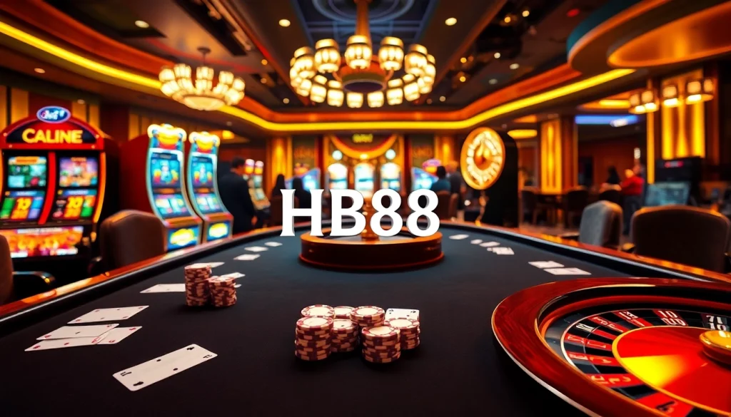 Gamblers enjoying high-stakes poker and slot games at the HB88 Casino.